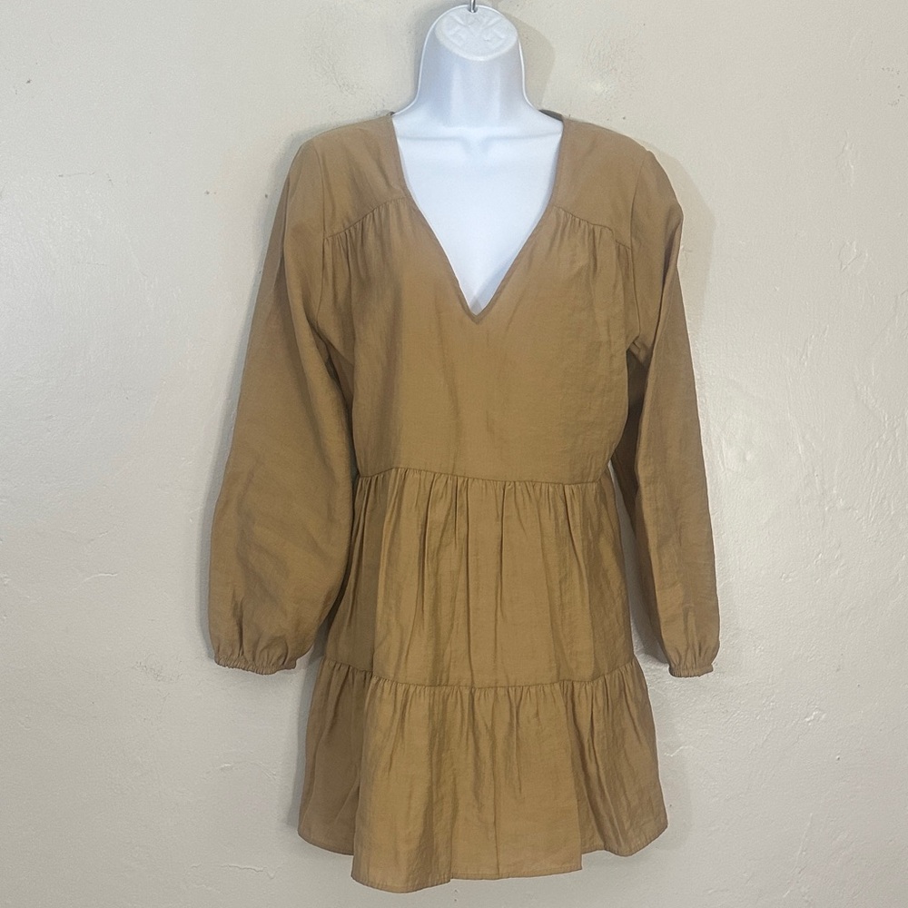 Zara Camel Long Sleeve V-Neck Dress